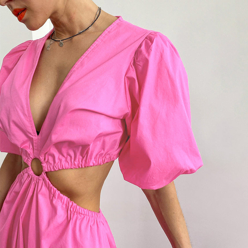 Holiday Dress Midi Spring And Summer New Bubble Sleeve Hollow Design Sense Of Commuter Casual Woman