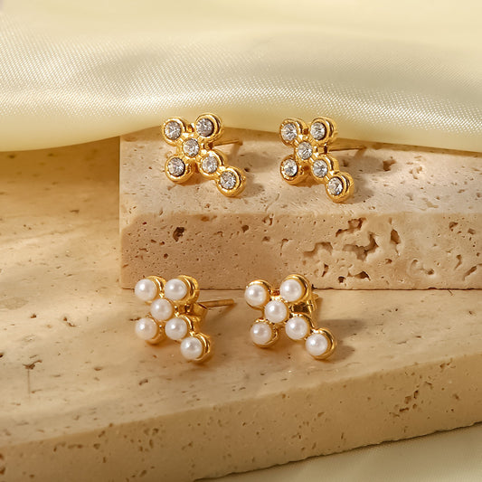5pcs Stainless Steel Earrings With Diamond/Pearl Cross Earrings Women's Fashion Earrings
