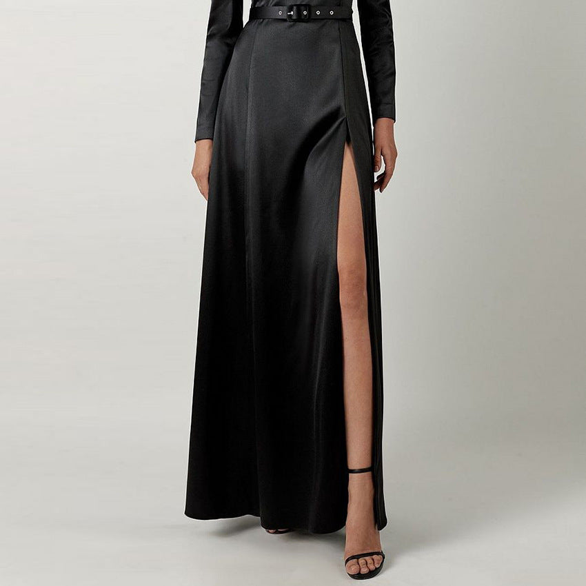 Spring Fashion Sexy Temperament Sense Color Satin Satin Square Collar Puffed Sleeve Black Slit Waist Dress Female