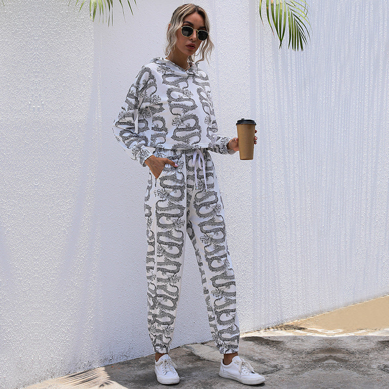 Autumn Winter Autumn Print Hooded Suit Casual Home Two-Piece Women