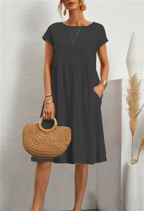 Fashion Ol Quality Women's Solid Color Cotton Linen Round Neck Set A-Line Skirt Dress