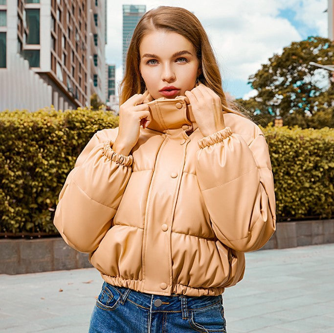 Aliautumn And Winter Leather Cotton-Padded Clothing Style Standing Collar Leather Coat Women Warm Short Bread Clothing