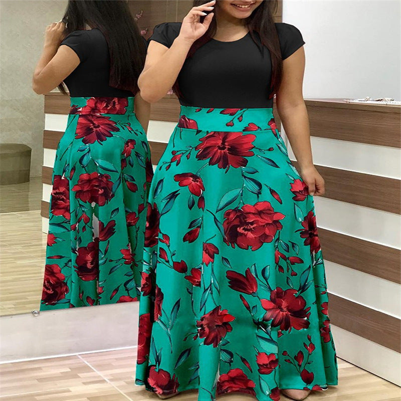 Cross Aliversion Of Style Flower Print Color Short-Sleeved Large-Size Dress Female