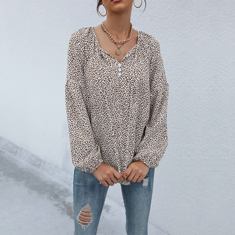 New Vintage Blouse  Long Sleeve Drawstring Leopard V-Neck Shirt
