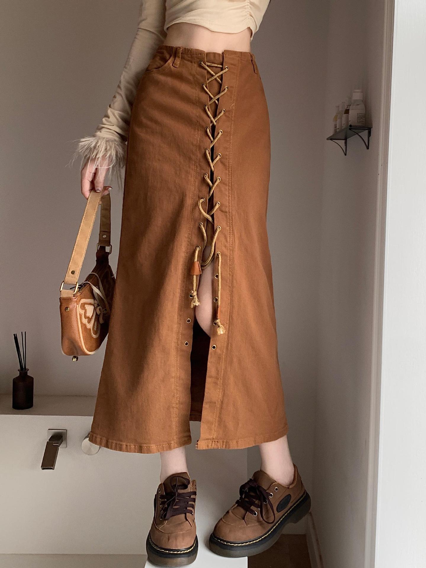 Big Size Fat Mm Retro Brown Denim Skirt Female Autumn New Spice Girl Strap Design Feeling Wrapped Hip Skirt