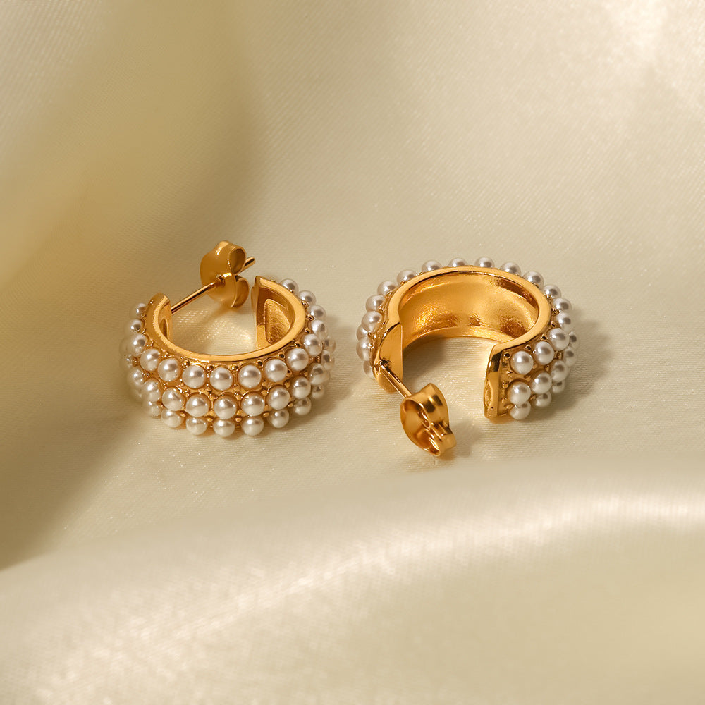 5pcs New Titanium Steel Earrings 18K Gold-Plated Stainless Steel C Shape Inlaid With White Pearl Women's Fashion All-Match Earrings