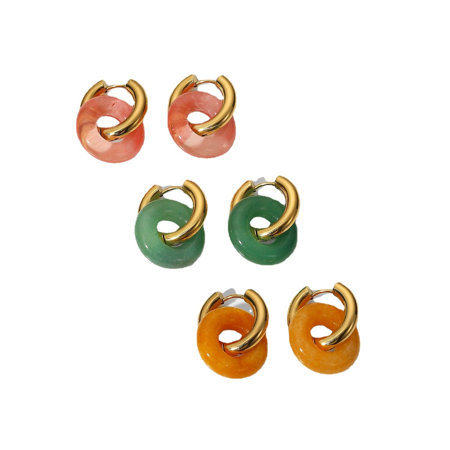 5pcs New Fashion Vintage Natural Stone Ring Earrings 14K Gold Plated Stainless Steel Earrings Style Earrings For Women