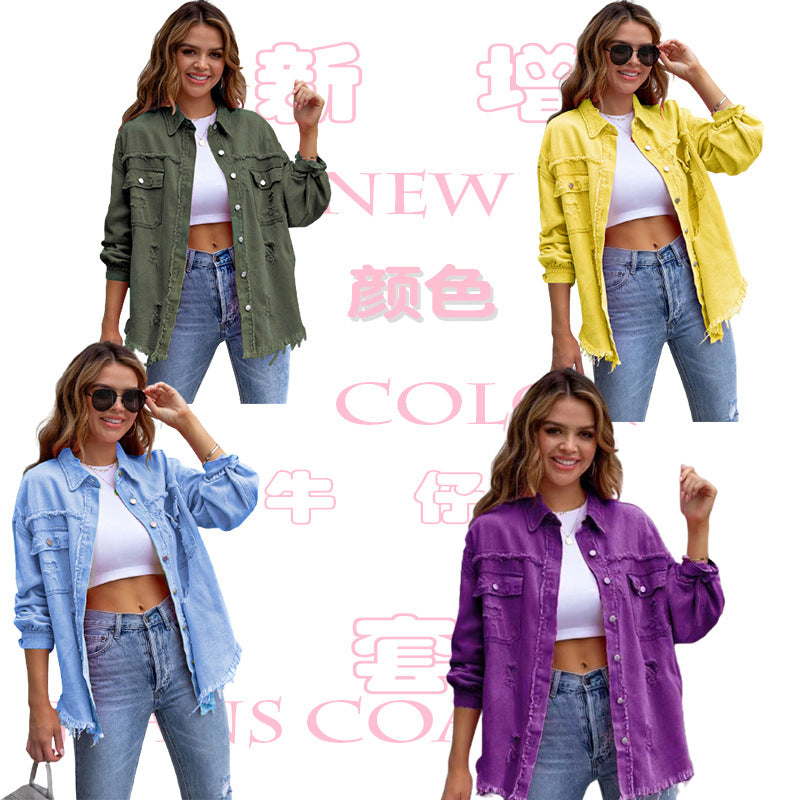 New Wind Long Rough Edge Hole Denim Coat Female Autumn And Winter Long Sleeve Casual Lapel Top