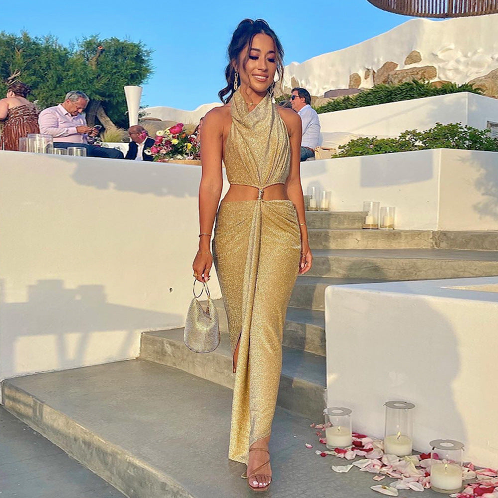 Women's Sexy Halter Hanging Neck Split Dress Long Hot Selling Elegant Temperament Package Hip Skirt Women