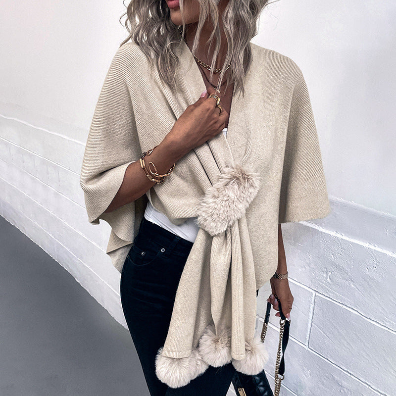 Drizzle Solid Color Fur Ball Cloak Sweater For Women New Autumn And Winter New Women Shawl Knitted Cardigan