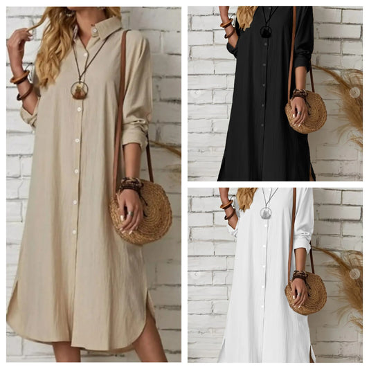Cotton Linen Solid Color Lapel Long Sleeve Simple Loose Casual Long Shirt Dress