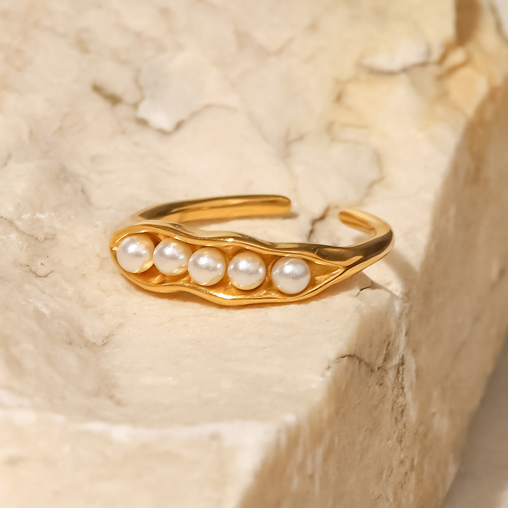 5pcs 18K Gold Plated Stainless Steel Pea Pod Design White Pearl Adjustable Ring For Women Accessories