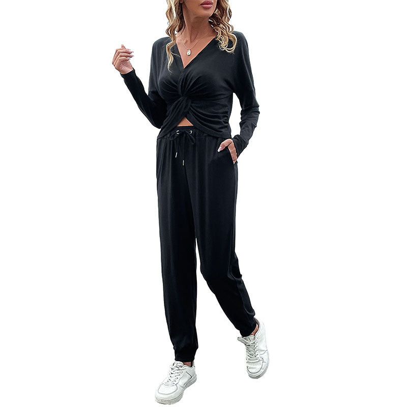 Women's Dress Autumn And Winter New Long-Sleeved Casual Knotted Drawstring Hoodie Two-Piece Set