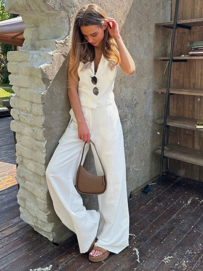 Cotton And Linen Vest Set Summer Casual Cotton And Linen Vest Single Breasted Waistcoat + Trousers Set