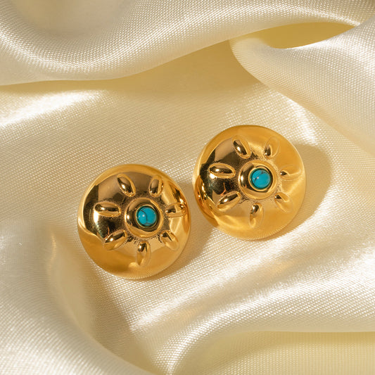 5pcs New Titanium Steel Gold-Plated Earrings Fashion 18-Karat Stainless Steel Inlaid With Turquoise Sun Round Pendant Earrings