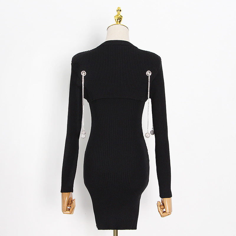 Knitted Round Neck New Fashion Temperament Sexy Hollow Adjustable Patchwork Slim Short Bag Buttock Dress