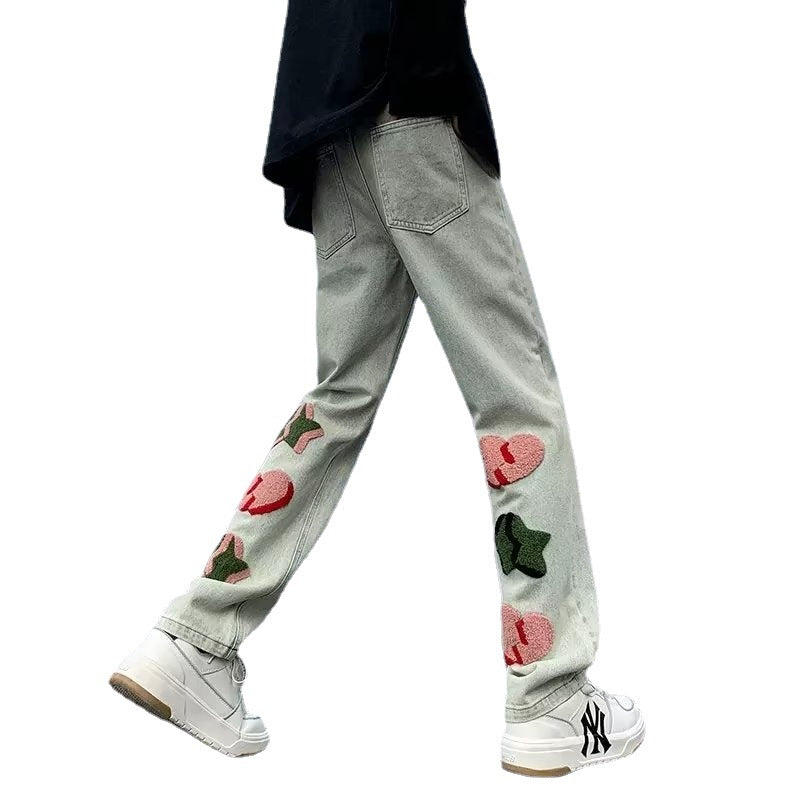 Men Niche Spring And Autumn High Street Vibe Slim Pants Towel Embroidered Straight Leg Casual Pants Jeans