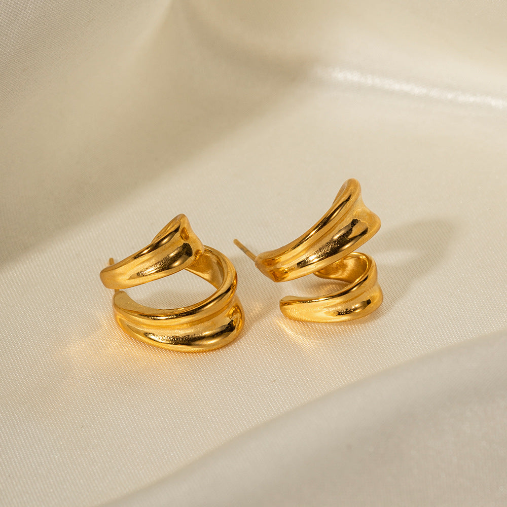 5pcs New Style All-Match 18K Gold Stainless Steel Curved Hollow Earrings Fashion Style Design Sense Earrings