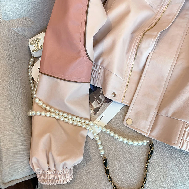 Pink Casual Leather Coat For Women Spring New Fashion Brand Loose Vintage Biker Jacket