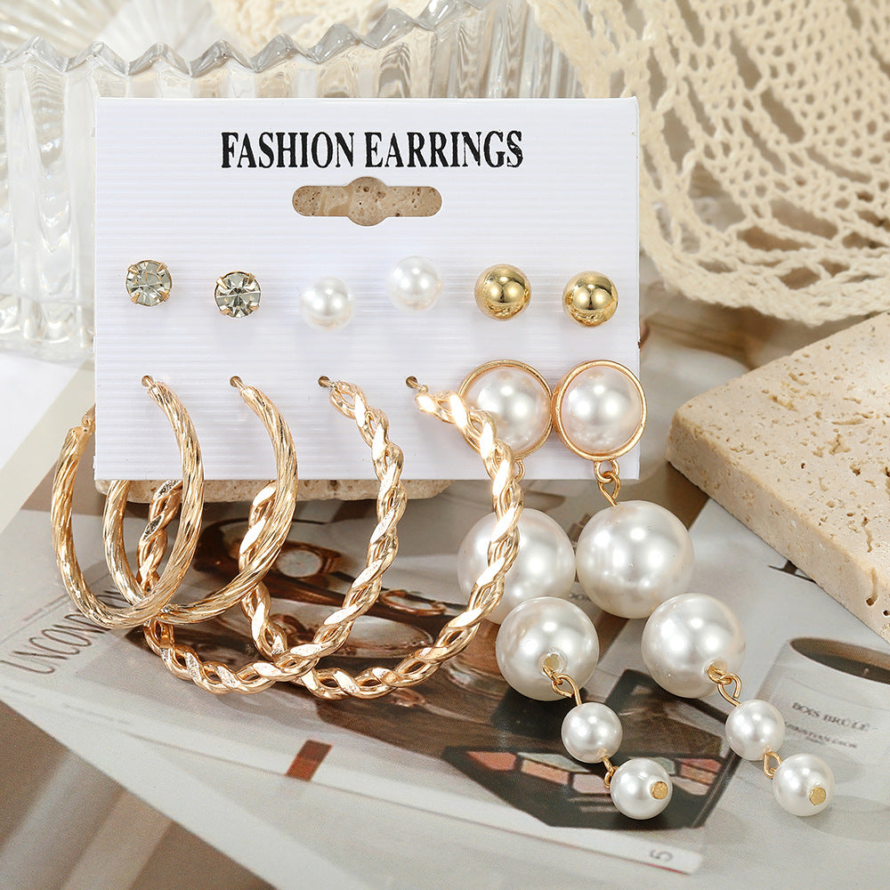 5 Sets New Pearl Earrings Set for Women Retro Metal Geometric C-Shaped 5 pairs Earrings