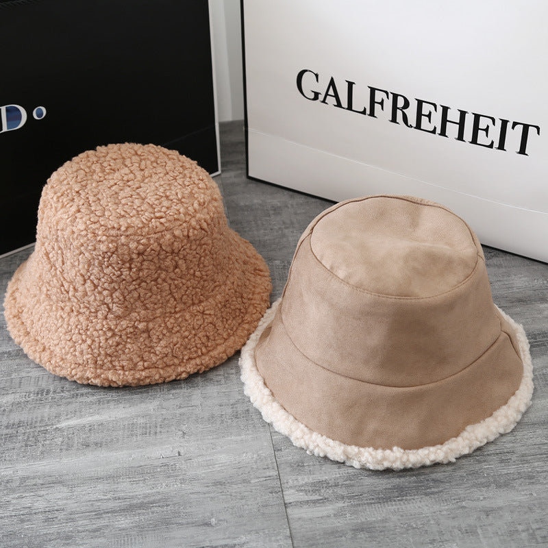 Double-Sided Hat Women's Japanese Lamb Hair Fisherman Hat Winter With Fluffy Deerskin Basin Hat Bucket Hat
