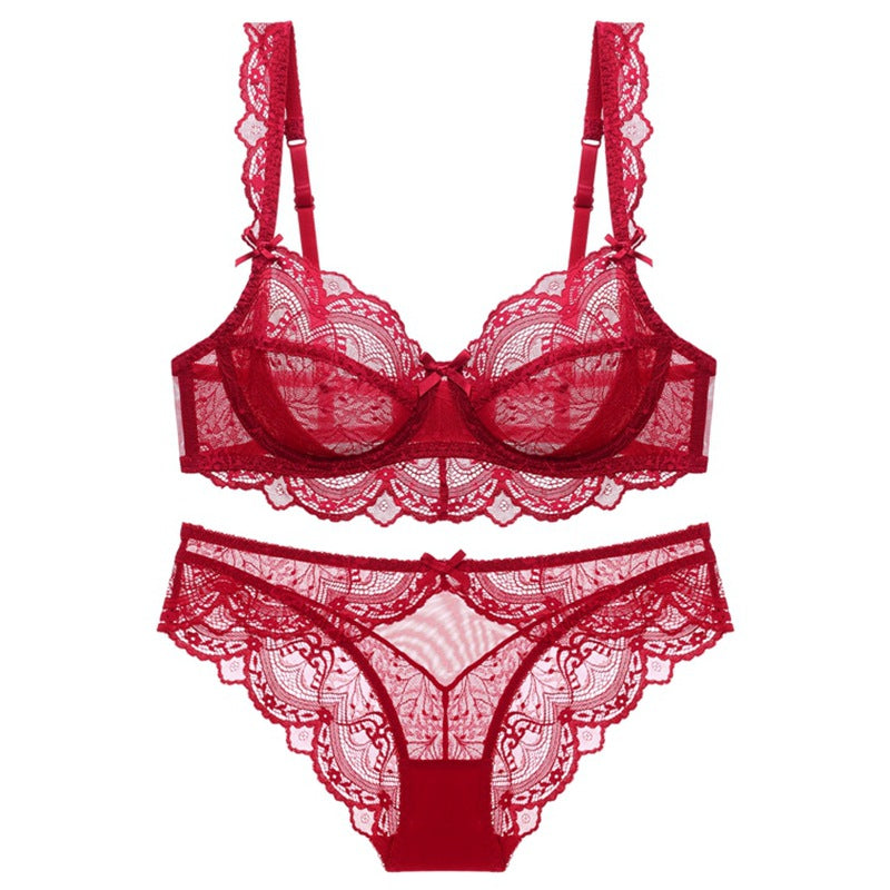 Sexy Underwear Women Ultra Thin Hollow No Sponge Transparent Lace Underwear Big Breasts Small Big Size Bra Set