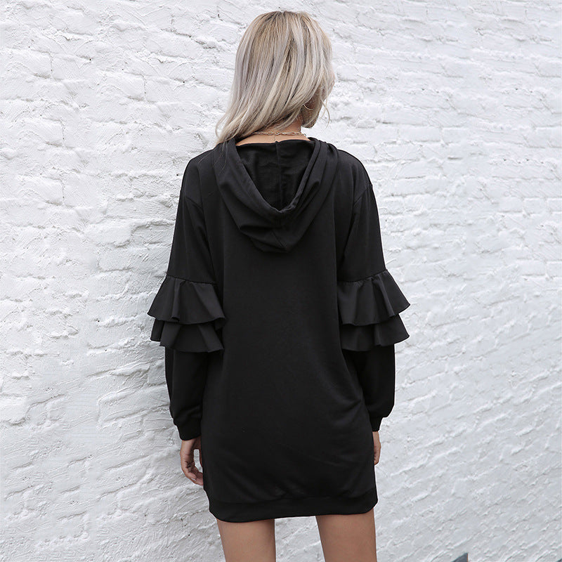 New Long-Sleeved Pullover With Hooded Skirt Women's Dress Flanged Spell Continuous Hoodie Dress