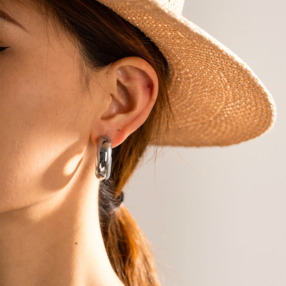 5pcs Fashion Pop Earrings 18K Gold-Plated Stainless Steel Chubby Thick Hollow C-Shaped Stud Earrings For Women