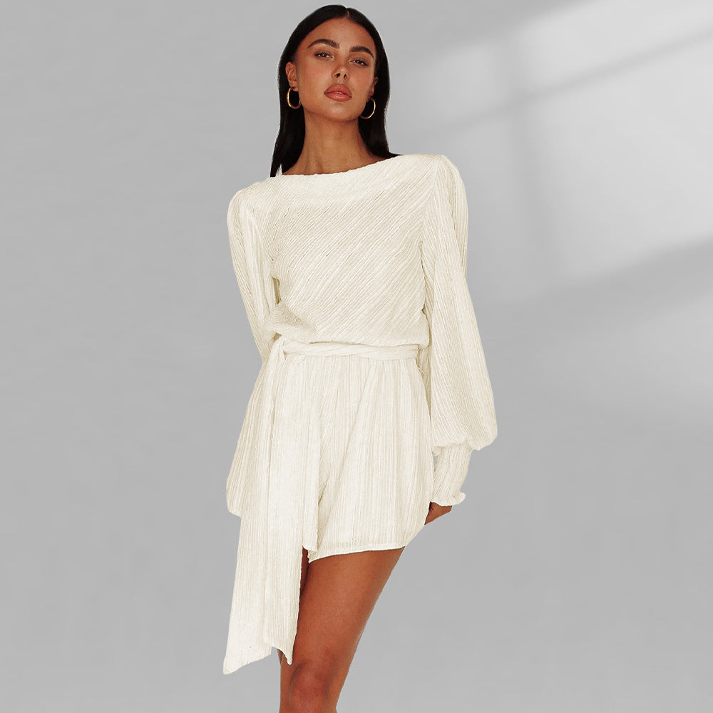 Women's Lace-Up Romper Autumn Lantern Sleeve Sexy Halter Long Sleeve Top Casual Wide Leg Pants