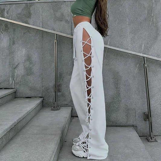 Summer Style Street All Slim Side Slit Lacing With Hollow-Out Wide-Leg Pants Women