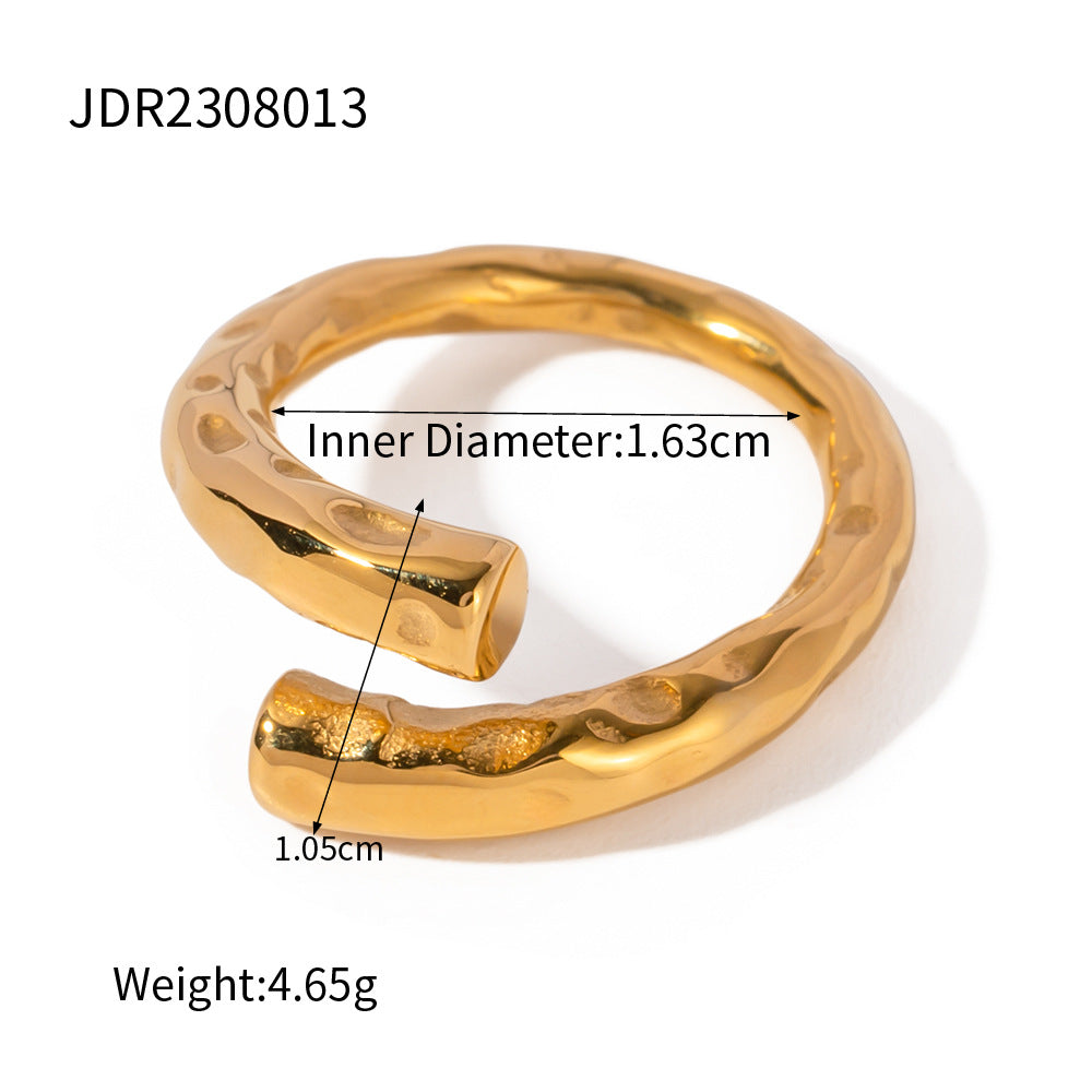 5pcs New 18K Pvd Gold-Plated Hammer Zircon Ring Party Geometric Stainless Steel Hammer Open Ring Accessories