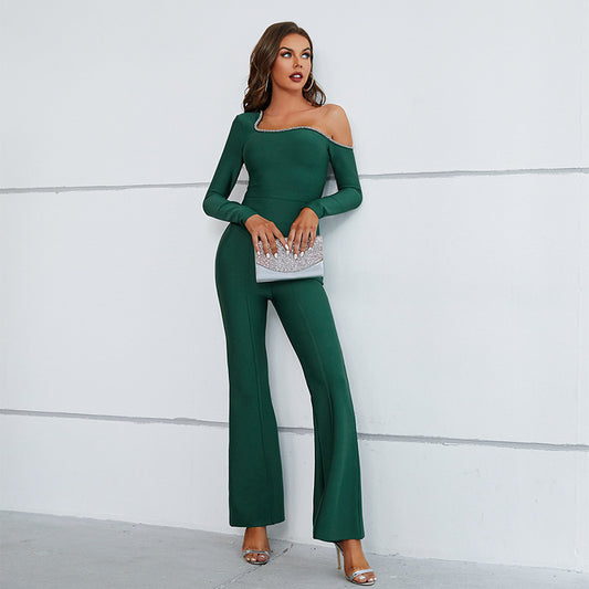 Autumn And Winter Women's New High-End Long-Sleeved Diamond-Encrusted Two-Piece Flare Trouser Suit
