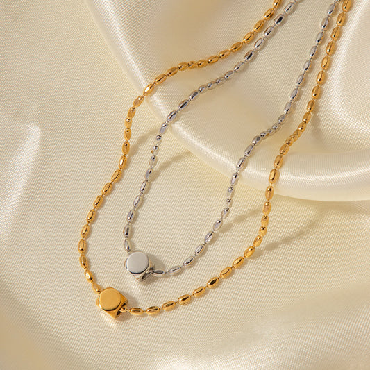 5pcs Very Simple Bead Chain Square Titanium Steel Necklace 18K Gold Stainless Steel Design Sense Square Pendant Necklace