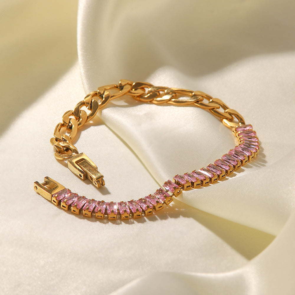5pcs High-Grade Sense Of Light Luxury Temperament Female Fashion Colorful Zircon Inset Titanium Steel Fast Fading Necklace Bracelet