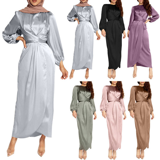 New Soft Waist Dress Temperament Commuter Fashion New Elegant Style Solid Color Long Sleeve Satin Long Dress