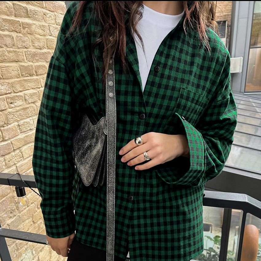 Retro Green Plaid Terylene Cotton Loose Shirt New Autumn Fashion Women's Blouse