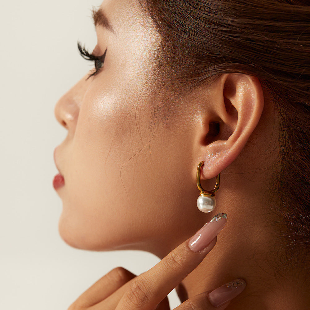5pcs New Fashion Women All Titanium Steel Earrings 18K Gold Plated Stainless Steel U-Shaped Beaded Earrings Jewelry Women