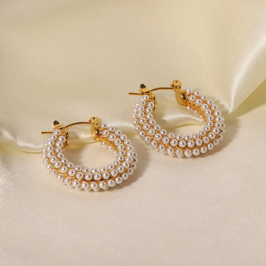 5pcs Titanium Steel Earrings Women's Retro Geometric Design Niche High-Grade Sense Of All Matching Pearl Earrings Jewelry
