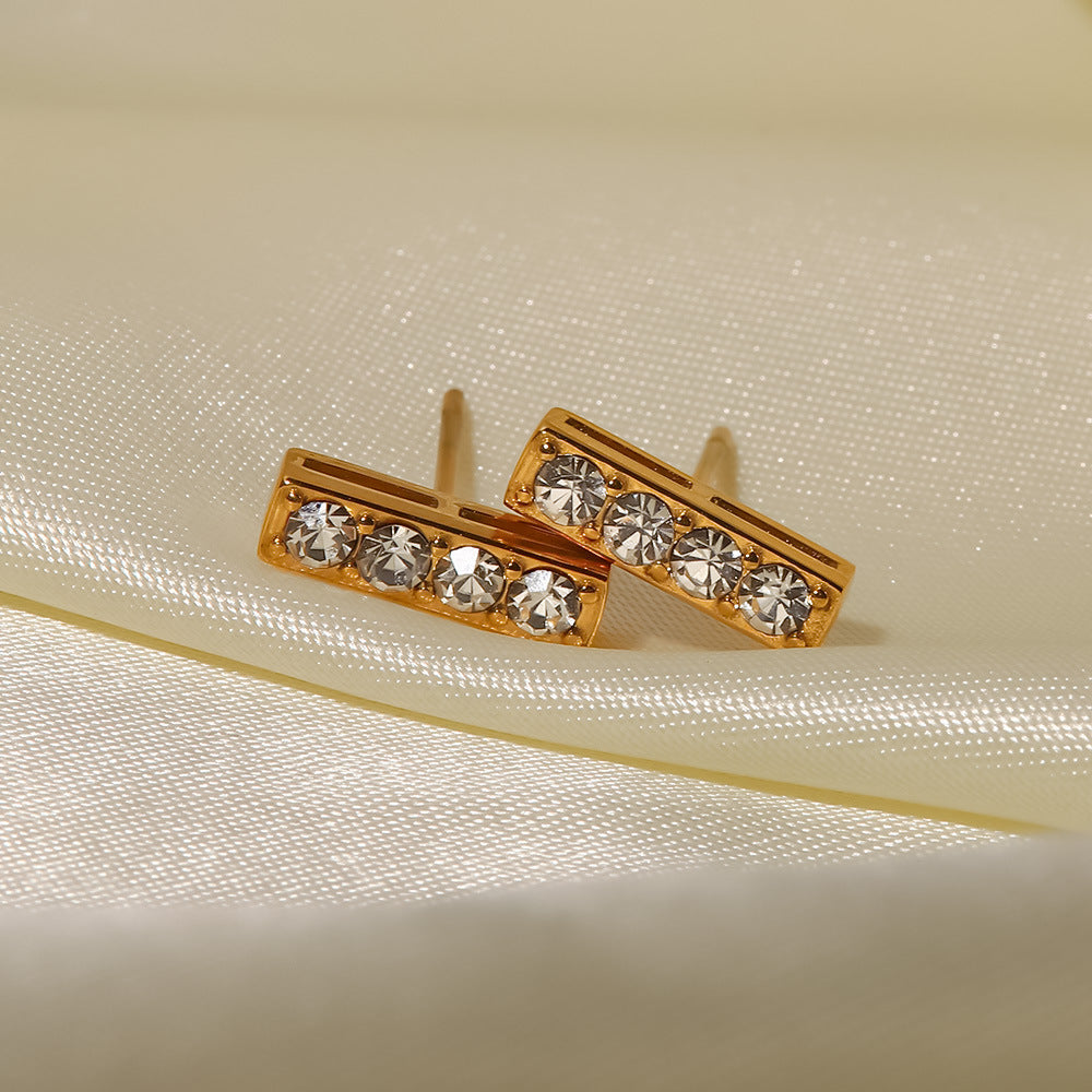 5pcs Women's New Titanium Steel Fine Earrings 18K Gold Stainless Steel Rectangular Inlaid With White Diamond Stud Earrings