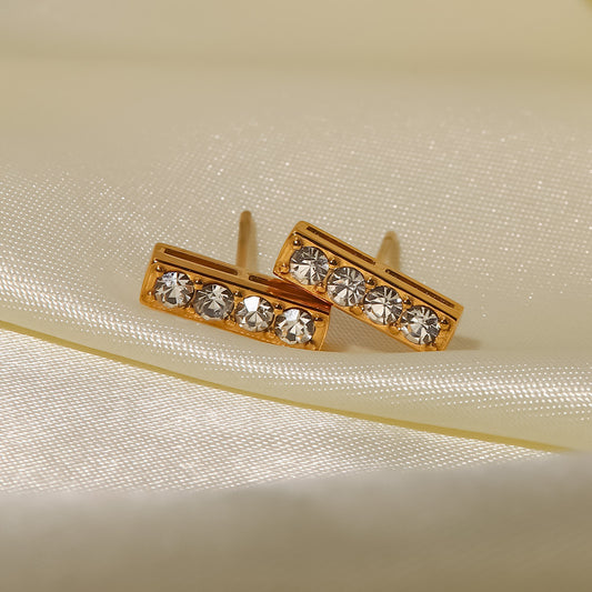 5pcs Women's New Titanium Steel Fine Earrings 18K Gold Stainless Steel Rectangular Inlaid With White Diamond Stud Earrings