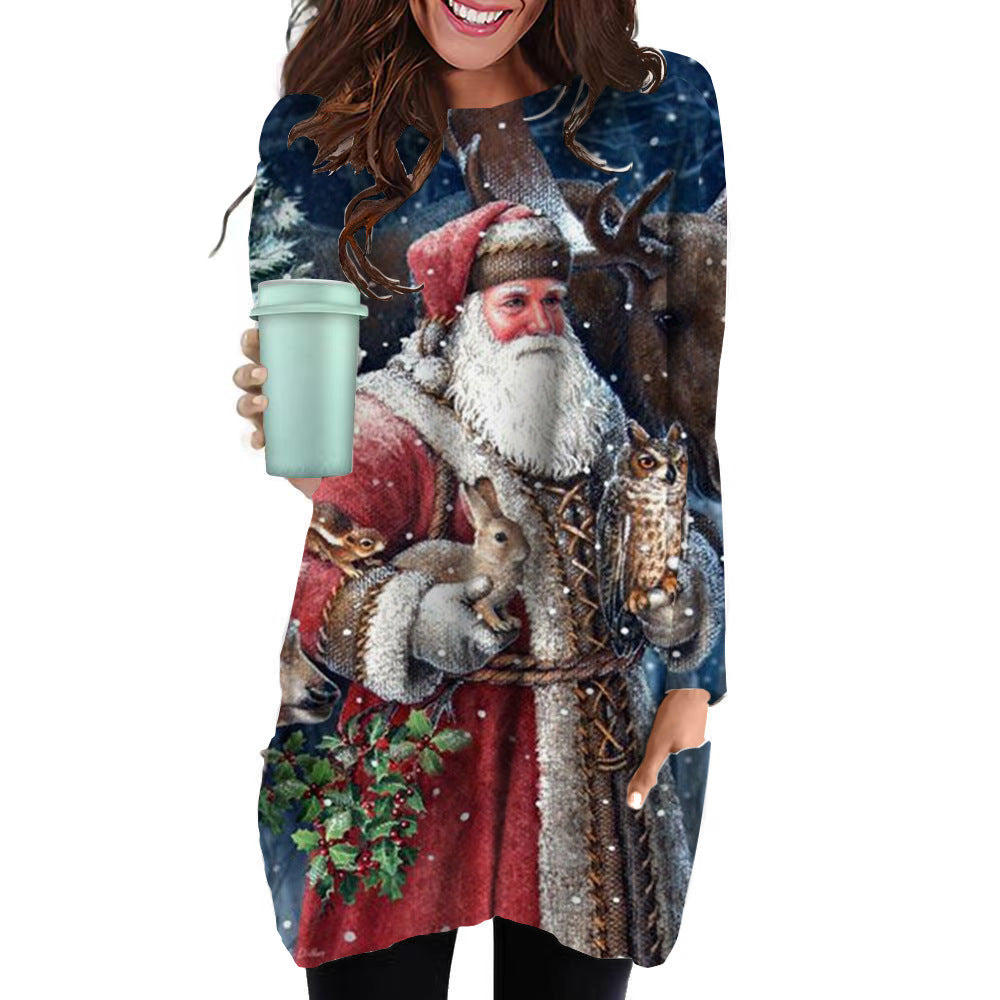Women's Loose Round Neck 3D Christmas Elements Printed Long T-Shirt A Hair Casual Hoodie