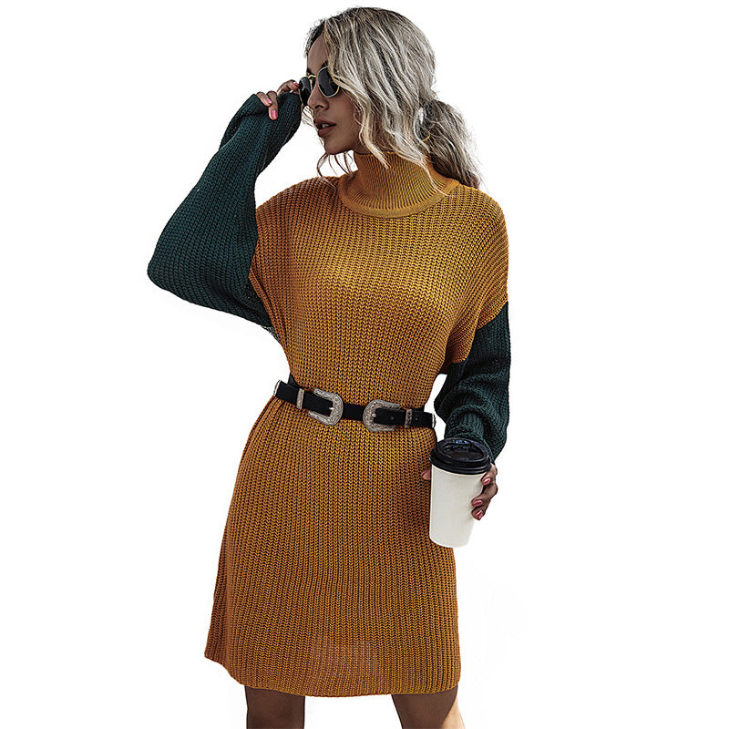 Long-Sleeved Knitted Slim-Fit Match Color Sweater Dress Women Long Match Autumn And Winter