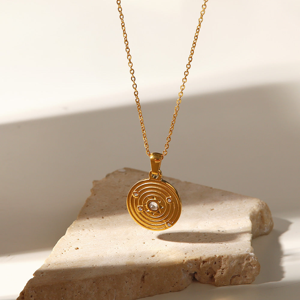 5pcs 18K Gold-Plated Stainless Steel Geometric Circular Zircon Pendant Necklace Titanium Steel Concentric Circle Pendant Necklace