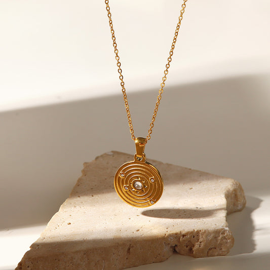 5pcs 18K Gold-Plated Stainless Steel Geometric Circular Zircon Pendant Necklace Titanium Steel Concentric Circle Pendant Necklace