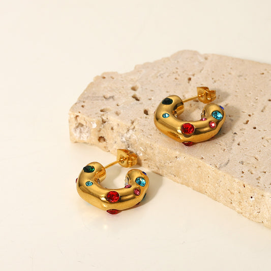 5pcs 18K Gold Stainless Steel Earrings Set With Colored Zircon Shaped Hammer C Earrings Fashion Retro Earrings Women
