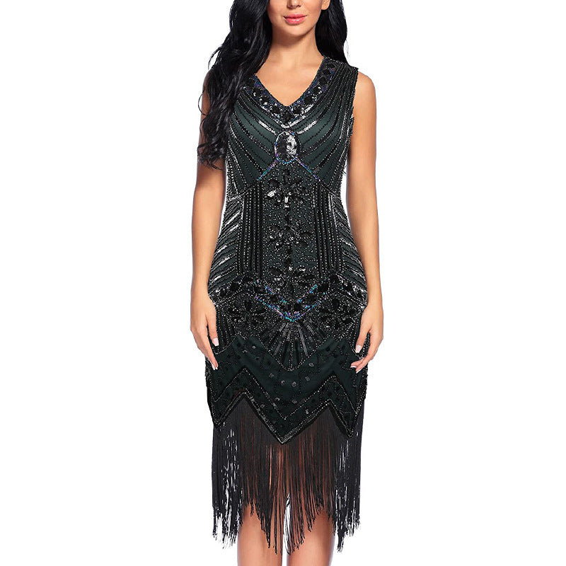 Vintage Style Sequined Beaded Dress Front And Back V-Neck Fashion Fringe Dress Exploded