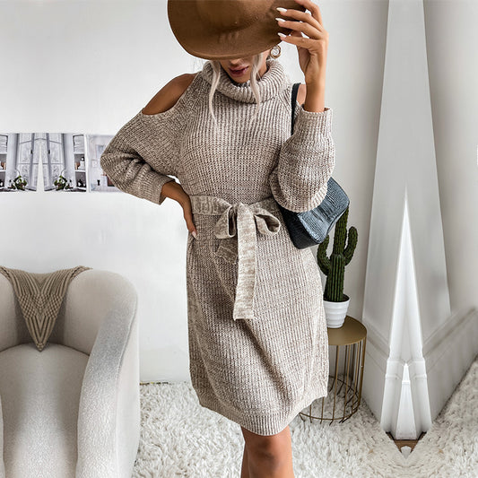 Autumn New  Women's Solid Color With Lace Knit Hollow Shoulder High Neck Sweater Dress
