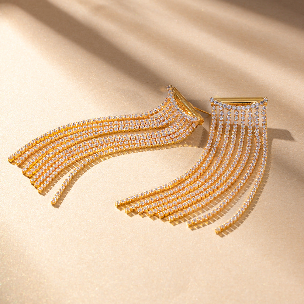 5pcs Stylish Diamond-Encrusted Geometric Long Chain Tassel Earrings 18K Gold-Plated Temperament Studs Design Sense Earrings For Women