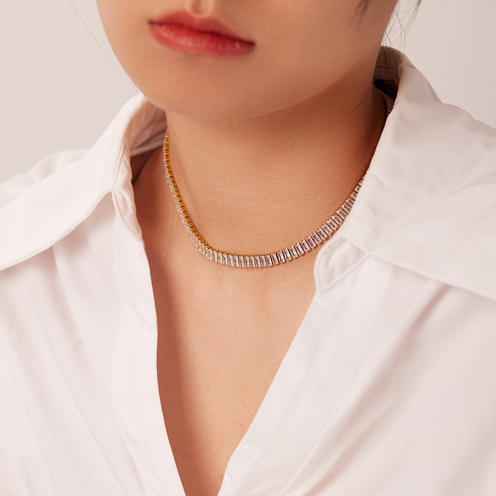 5pcs Necklace 6 Mm Wide Stainless Steel 18K Gold Plated Square Cubic Zircon Stainless Steel Necklace For Women