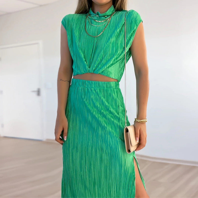 Women's Pleated Half High Neck Short Shirt High Waist Slit Mid-Length Skirt Two-Piece Set